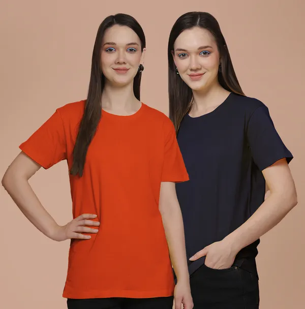 Women_Orange_&_Navy_Blue_Round_Neck_Oversized_Tshirt