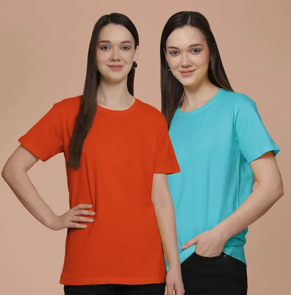Women_Orange_&_Turquoise_Blue_Round_Neck_Oversized_Tshirt