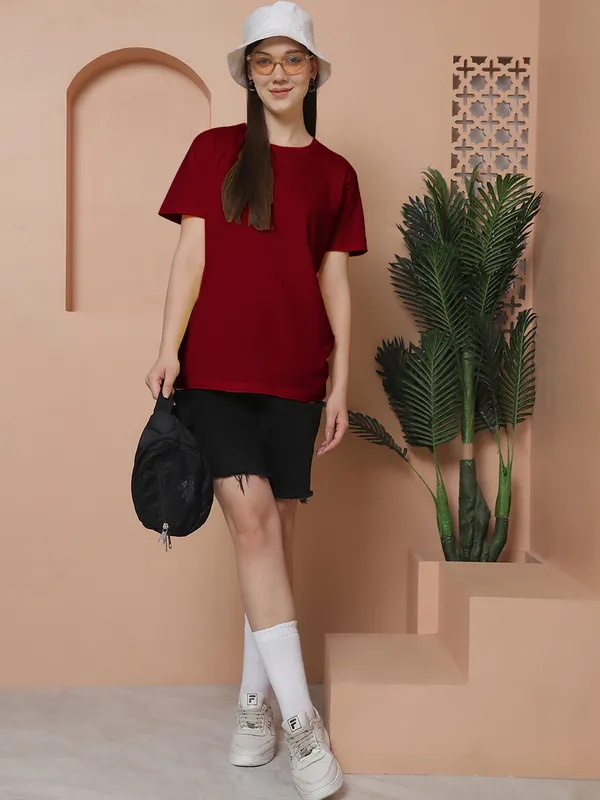 Women_Maroon_&_Light_Turquoise_Round_Neck_Oversized_Tshirt