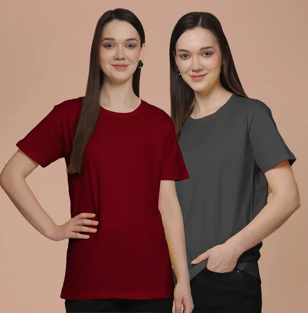 Women_Maroon_&_Grey_Round_Neck_Oversized_Tshirt