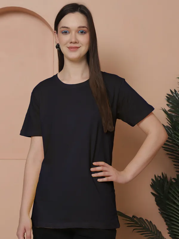 Women_Navy_Blue_&_Light_Turquoise_Round_Neck_Oversized_Tshirt