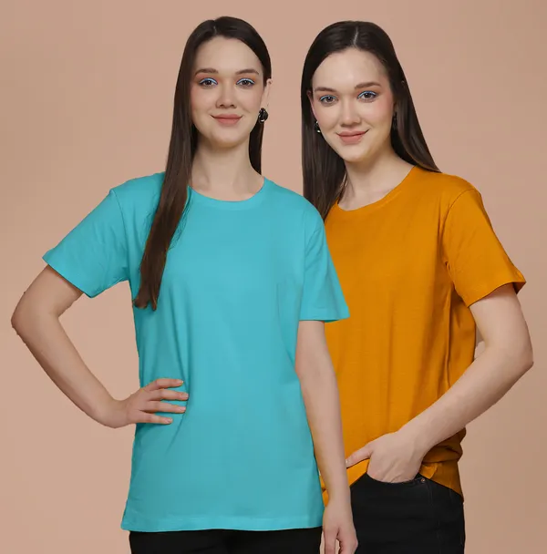 Women_Turquoise_Blue_&_Mustard_Round_Neck_Oversized_Tshirt