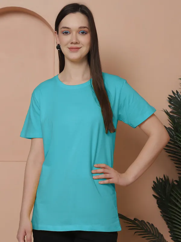 Women_Turquoise_Blue_&_Mustard_Round_Neck_Oversized_Tshirt