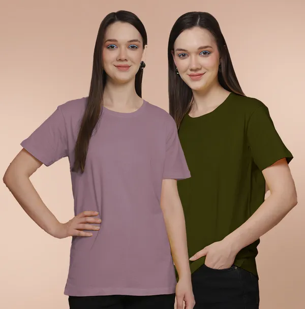Women_Dark_Purple_&_Olive_Green_Round_Neck_Oversized_Tshirt