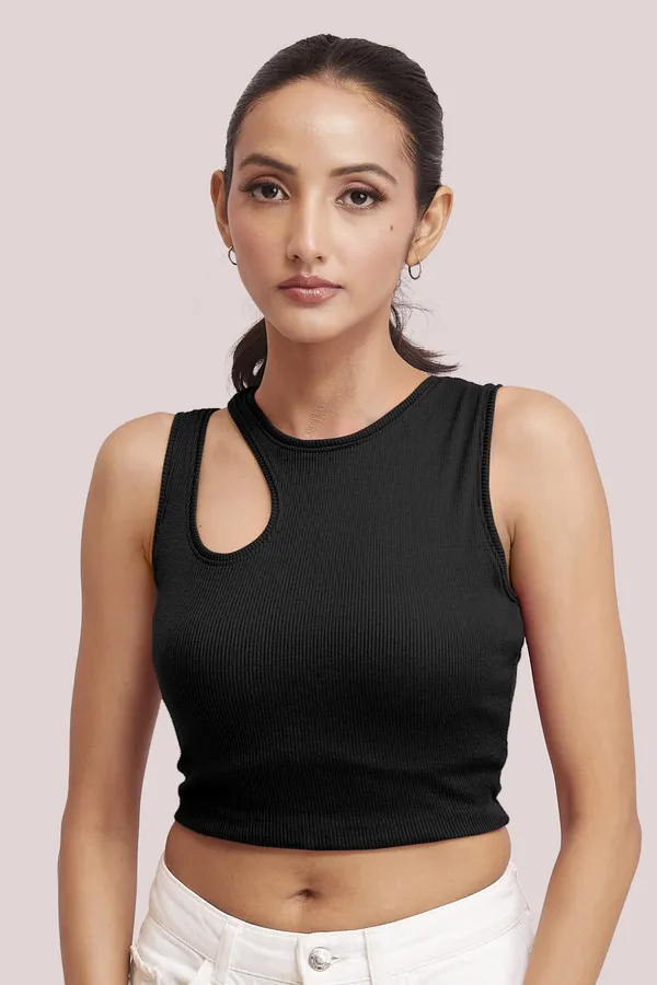 Black_Sleeveless_Round_Neck_Slim_Fit_Ribbed_Cut_Out_Shoulder_Knit_Tank_Crop_For_Women