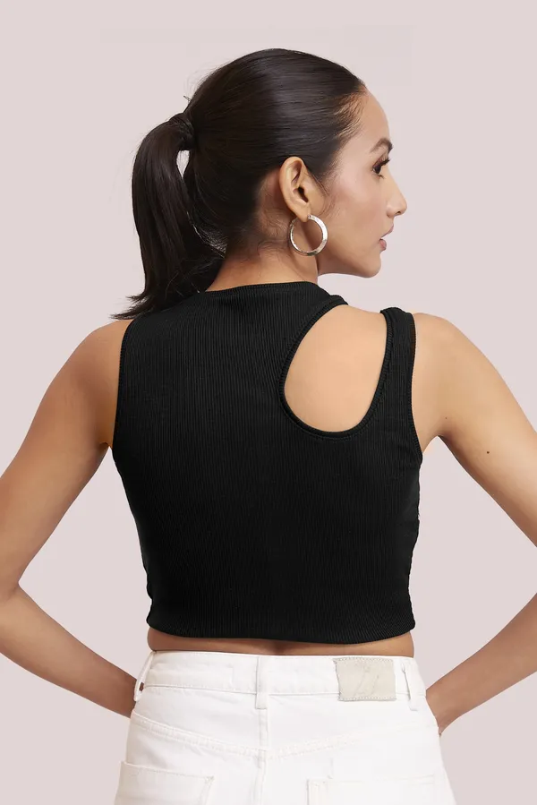Black_Sleeveless_Round_Neck_Slim_Fit_Ribbed_Cut_Out_Shoulder_Knit_Tank_Crop_For_Women