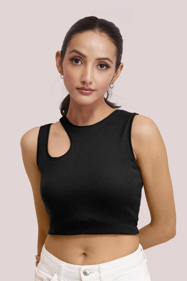 Black_Sleeveless_Round_Neck_Slim_Fit_Ribbed_Cut_Out_Shoulder_Knit_Tank_Crop_For_Women