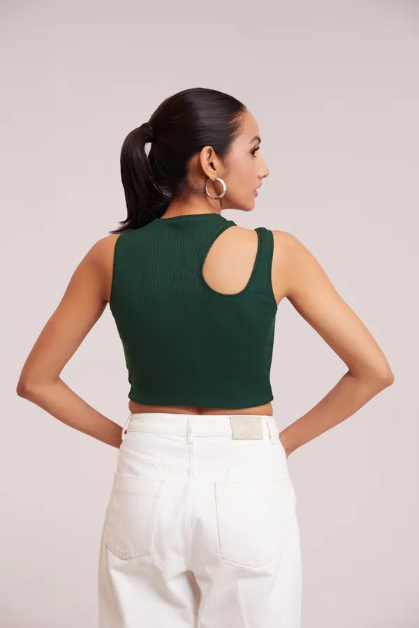 Green_Sleeveless_Round_Neck_Slim_Fit_Ribbed_Cut_Out_Shoulder_Knit_Tank_Crop_For_Women