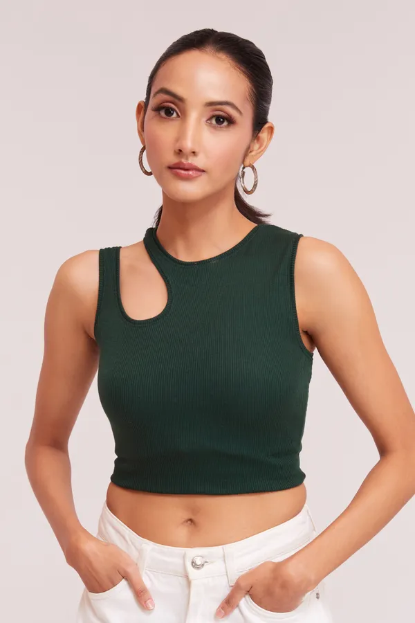 Green_Sleeveless_Round_Neck_Slim_Fit_Ribbed_Cut_Out_Shoulder_Knit_Tank_Crop_For_Women