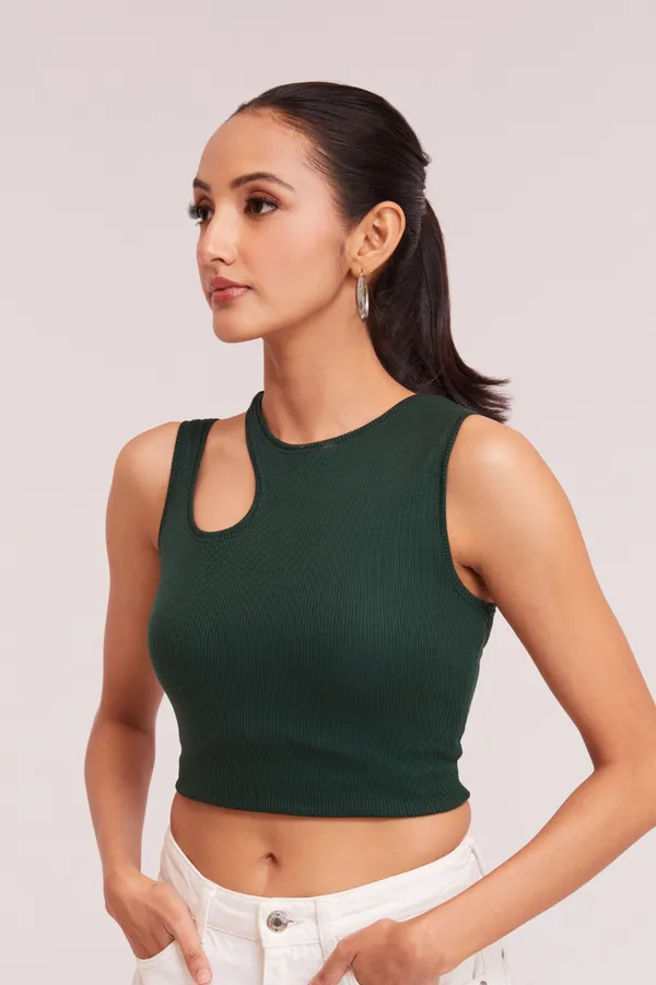 Green_Sleeveless_Round_Neck_Slim_Fit_Ribbed_Cut_Out_Shoulder_Knit_Tank_Crop_For_Women