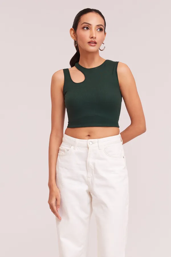 Green_Sleeveless_Round_Neck_Slim_Fit_Ribbed_Cut_Out_Shoulder_Knit_Tank_Crop_For_Women