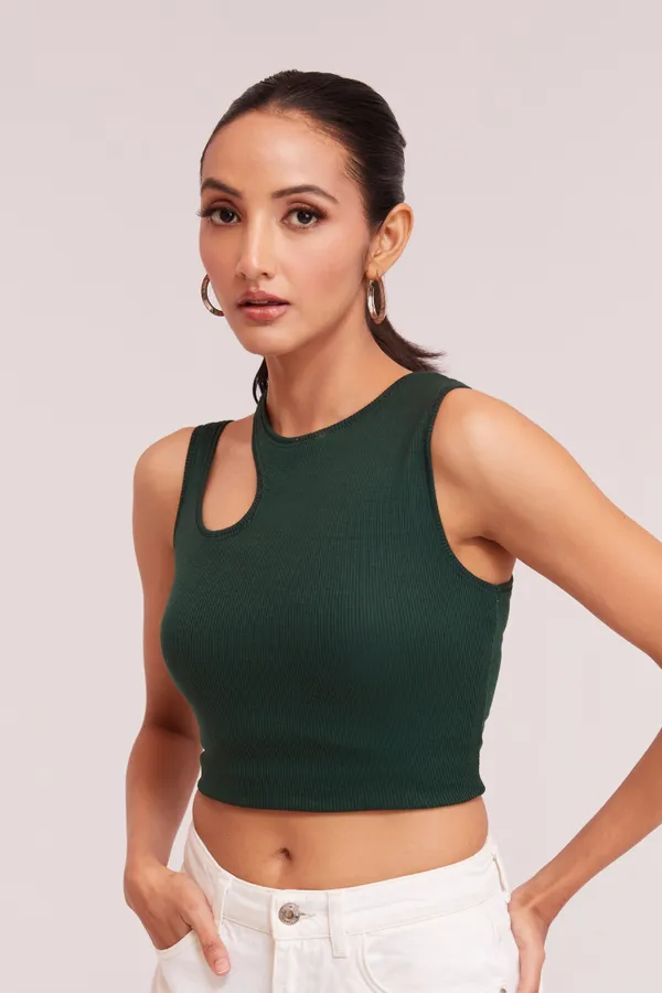 Green_Sleeveless_Round_Neck_Slim_Fit_Ribbed_Cut_Out_Shoulder_Knit_Tank_Crop_For_Women