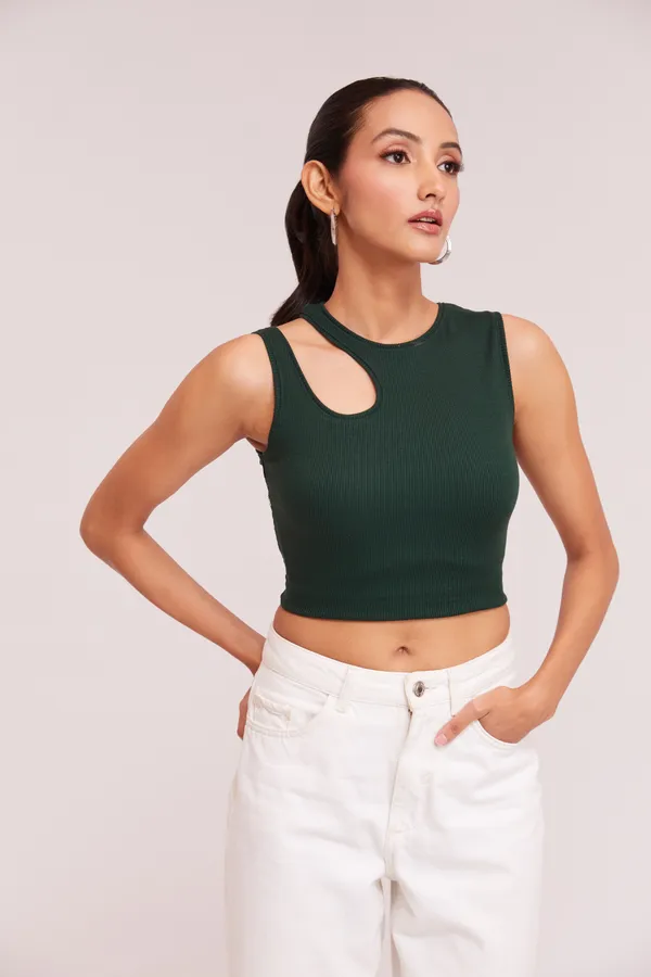 Green_Sleeveless_Round_Neck_Slim_Fit_Ribbed_Cut_Out_Shoulder_Knit_Tank_Crop_For_Women