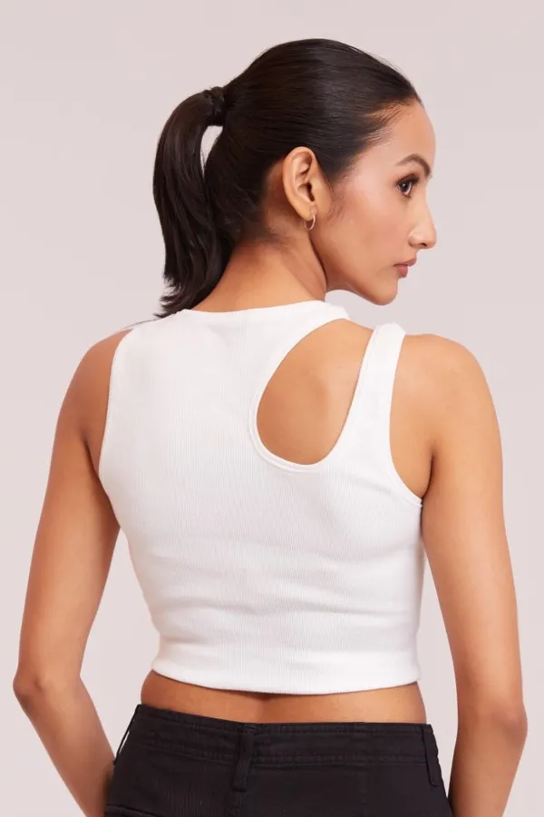 White_Sleeveless_Round_Neck_Slim_Fit_Ribbed_Cut_Out_Shoulder_Knit_Tank_Crop_For_Women