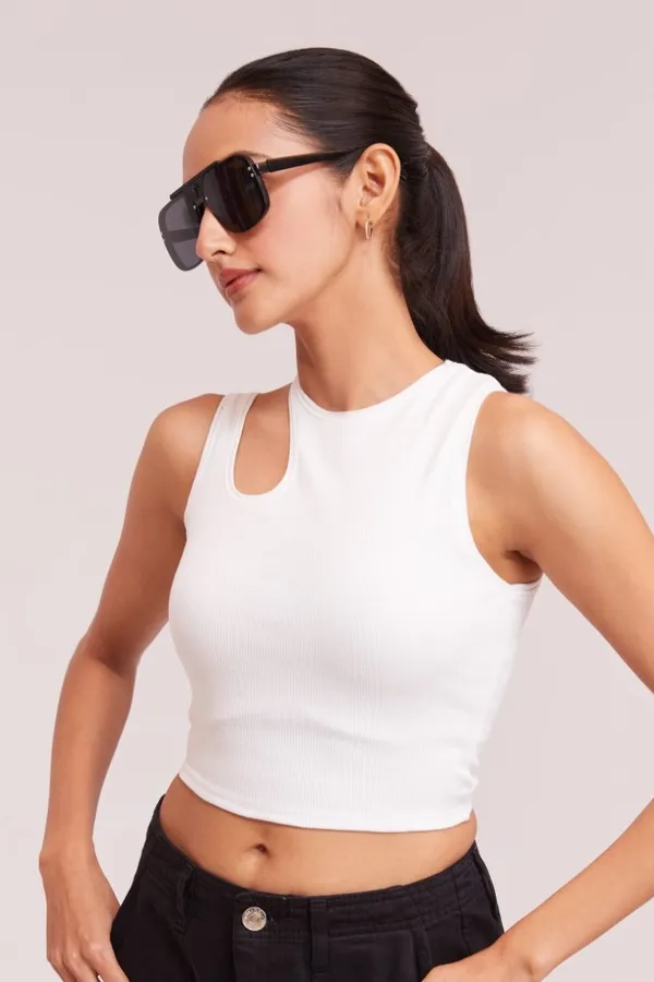 White_Sleeveless_Round_Neck_Slim_Fit_Ribbed_Cut_Out_Shoulder_Knit_Tank_Crop_For_Women