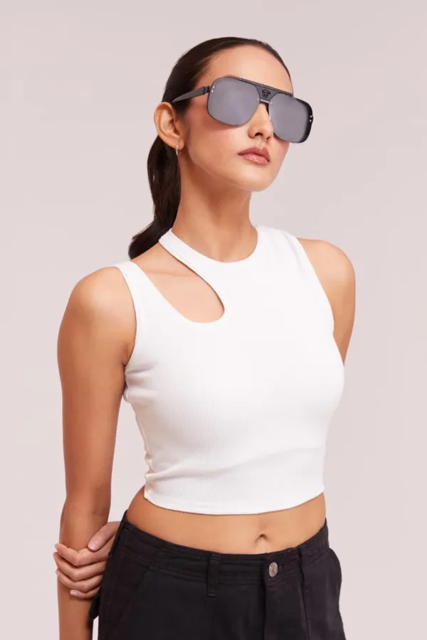 White_Sleeveless_Round_Neck_Slim_Fit_Ribbed_Cut_Out_Shoulder_Knit_Tank_Crop_For_Women