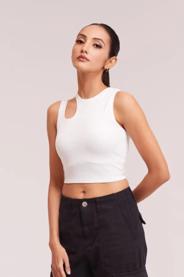 White_Sleeveless_Round_Neck_Slim_Fit_Ribbed_Cut_Out_Shoulder_Knit_Tank_Crop_For_Women
