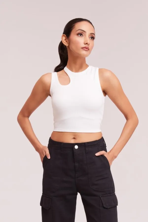 White_Sleeveless_Round_Neck_Slim_Fit_Ribbed_Cut_Out_Shoulder_Knit_Tank_Crop_For_Women