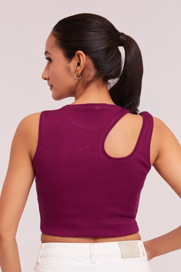 Wine_Sleeveless_Round_Neck_Slim_Fit_Ribbed_Cut_Out_Shoulder_Knit_Tank_Crop_For_Women