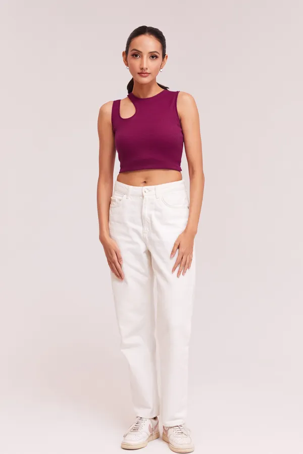 Wine_Sleeveless_Round_Neck_Slim_Fit_Ribbed_Cut_Out_Shoulder_Knit_Tank_Crop_For_Women