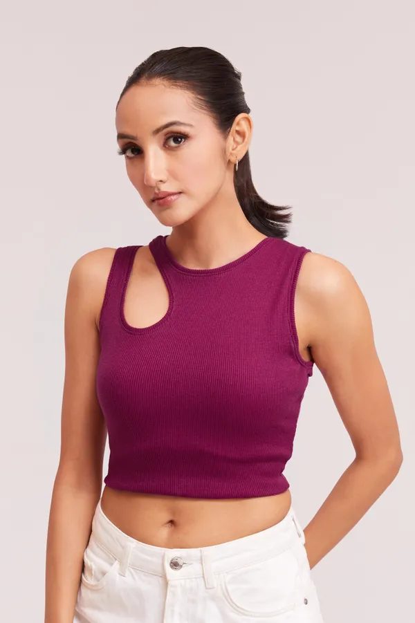 Wine_Sleeveless_Round_Neck_Slim_Fit_Ribbed_Cut_Out_Shoulder_Knit_Tank_Crop_For_Women