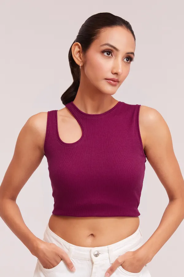 Wine_Sleeveless_Round_Neck_Slim_Fit_Ribbed_Cut_Out_Shoulder_Knit_Tank_Crop_For_Women