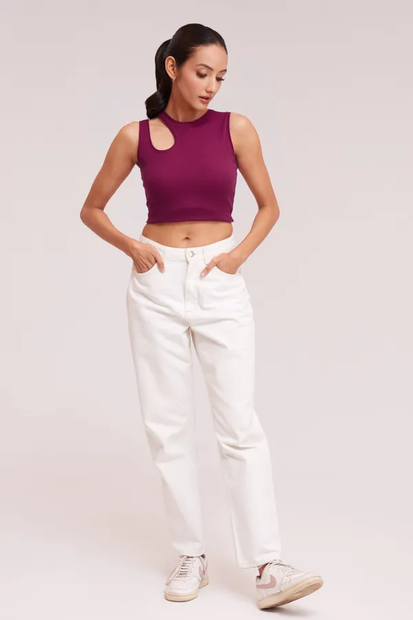 Wine_Sleeveless_Round_Neck_Slim_Fit_Ribbed_Cut_Out_Shoulder_Knit_Tank_Crop_For_Women