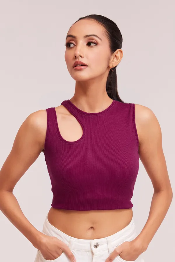 Wine_Sleeveless_Round_Neck_Slim_Fit_Ribbed_Cut_Out_Shoulder_Knit_Tank_Crop_For_Women
