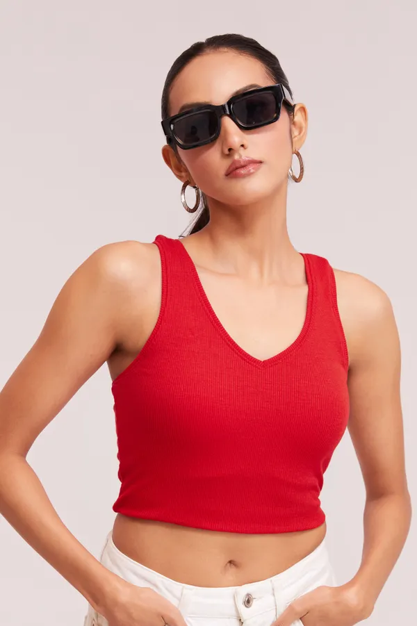 Red_V-Neck_Slim_Fit_Ribbed_Knit_Tank_Cut_Out_Back_Crop_Tops_For_Women