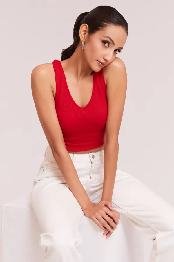 Red_V-Neck_Slim_Fit_Ribbed_Knit_Tank_Cut_Out_Back_Crop_Tops_For_Women