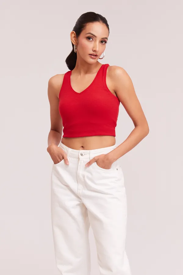 Red_V-Neck_Slim_Fit_Ribbed_Knit_Tank_Cut_Out_Back_Crop_Tops_For_Women