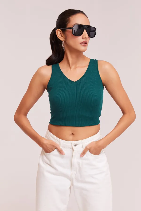 Tail_Green_V-Neck_Slim_Fit_Ribbed_Knit_Tank_Cut_Out_Back_Crop_Tops_For_Women