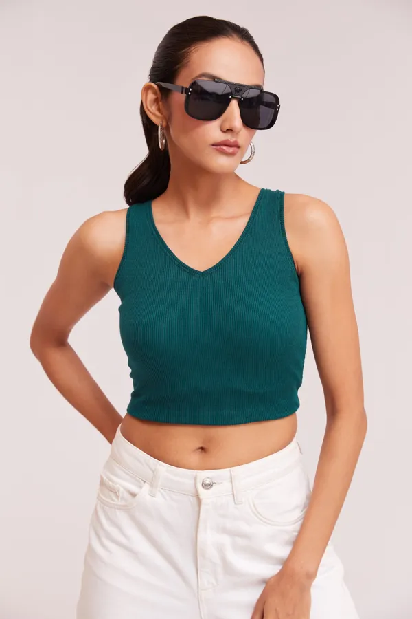 Tail_Green_V-Neck_Slim_Fit_Ribbed_Knit_Tank_Cut_Out_Back_Crop_Tops_For_Women