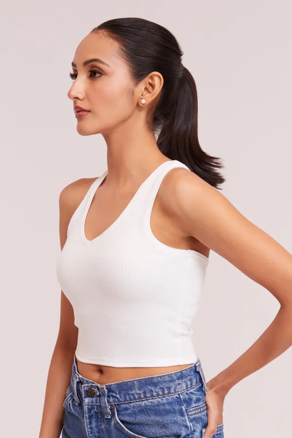 White_V-Neck_Slim_Fit_Ribbed_Knit_Tank_Cut_Out_Back_Crop_Tops_For_Women