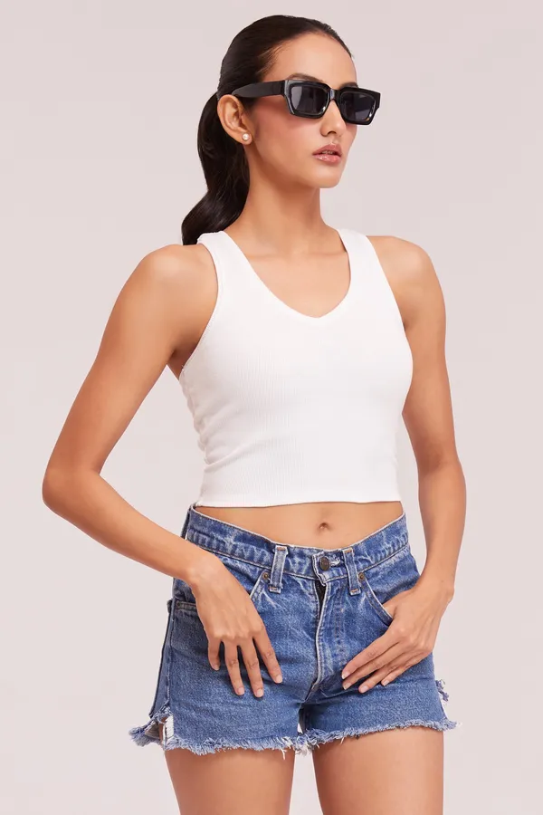 White_V-Neck_Slim_Fit_Ribbed_Knit_Tank_Cut_Out_Back_Crop_Tops_For_Women