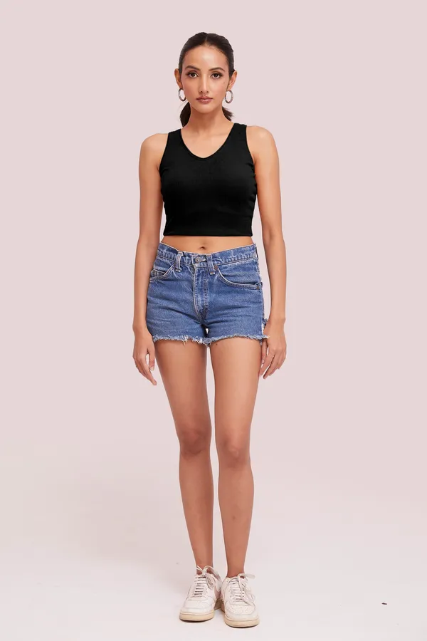 Black_Sleeveless_Slim_Fit_Ribbed_Knit_V-Neck_Tank_Crop_Tops_For_Women