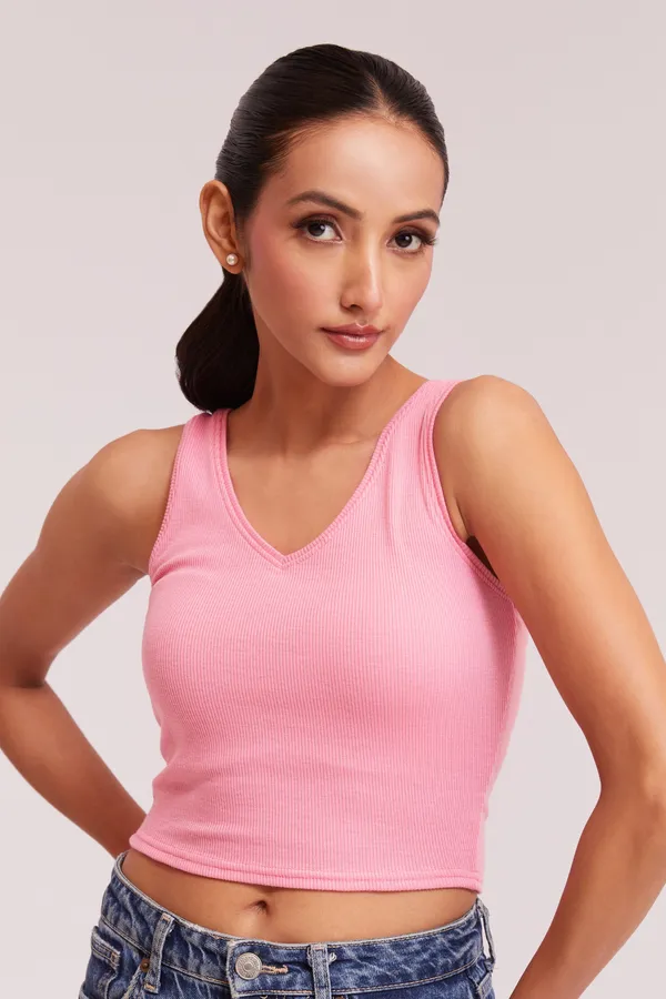 Peach_Sleeveless_Slim_Fit_Ribbed_Knit_V-Neck_Tank_Crop_Tops_For_Women