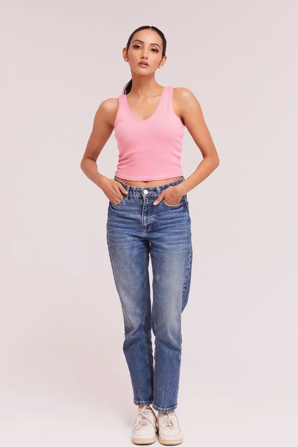 Peach_Sleeveless_Slim_Fit_Ribbed_Knit_V-Neck_Tank_Crop_Tops_For_Women