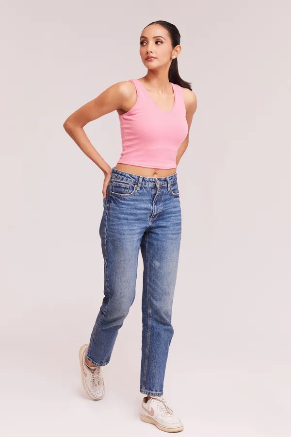 Peach_Sleeveless_Slim_Fit_Ribbed_Knit_V-Neck_Tank_Crop_Tops_For_Women
