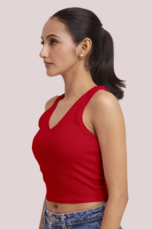 Red_Sleeveless_Slim_Fit_Ribbed_Knit_V-Neck_Tank_Crop_Tops_For_Women
