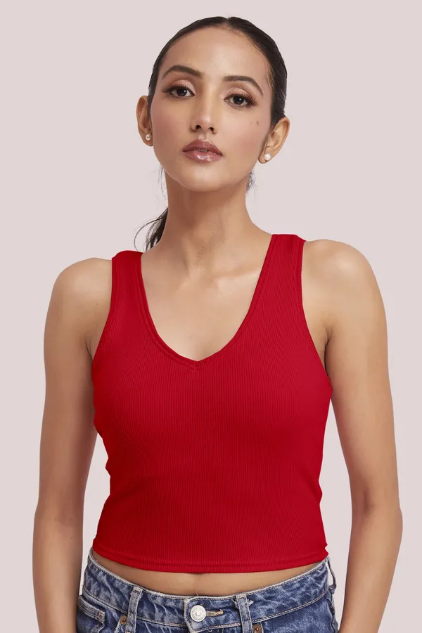 Red_Sleeveless_Slim_Fit_Ribbed_Knit_V-Neck_Tank_Crop_Tops_For_Women