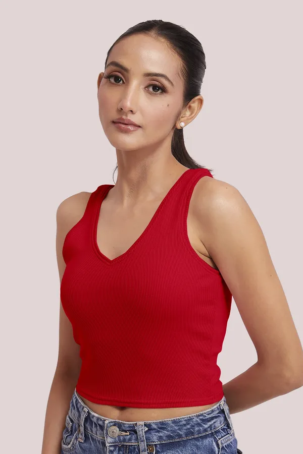 Red_Sleeveless_Slim_Fit_Ribbed_Knit_V-Neck_Tank_Crop_Tops_For_Women