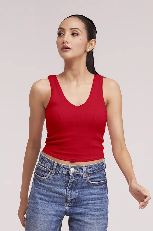 Red_Sleeveless_Slim_Fit_Ribbed_Knit_V-Neck_Tank_Crop_Tops_For_Women