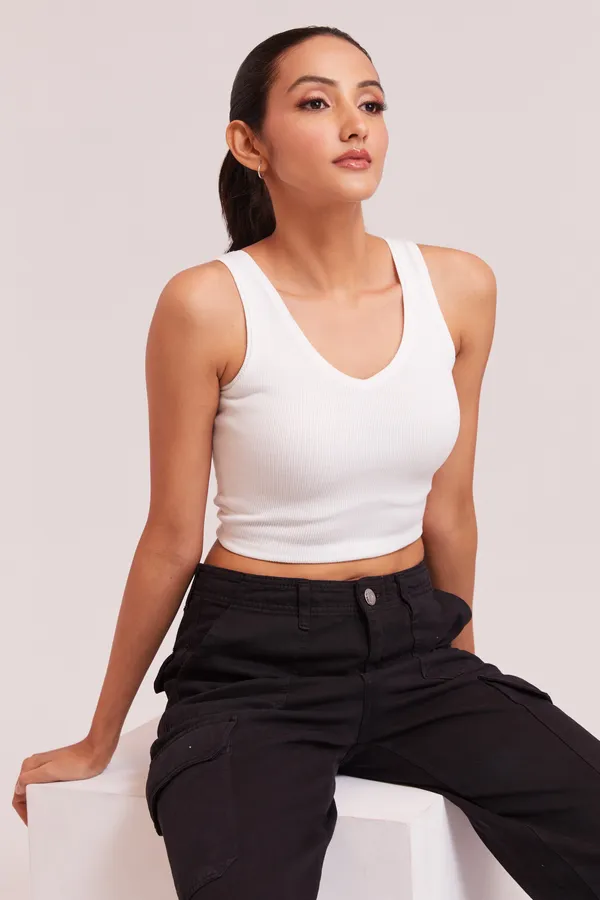 White_Sleeveless_Slim_Fit_Ribbed_Knit_V-Neck_Tank_Crop_Tops_For_Women