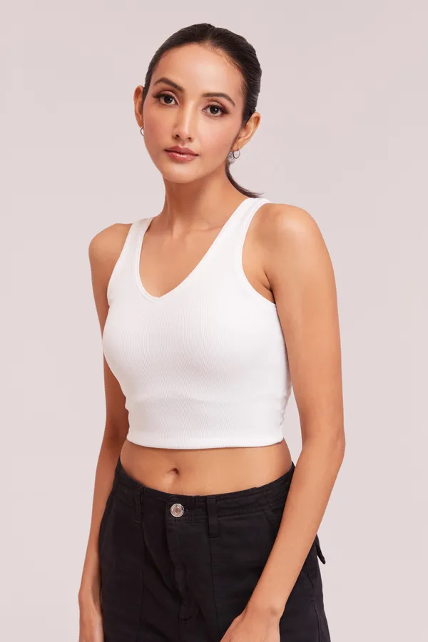 White_Sleeveless_Slim_Fit_Ribbed_Knit_V-Neck_Tank_Crop_Tops_For_Women