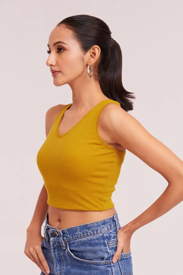 Yellow_Sleeveless_Slim_Fit_Ribbed_Knit_V-Neck_Tank_Crop_Tops_For_Women