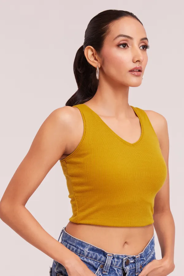 Yellow_Sleeveless_Slim_Fit_Ribbed_Knit_V-Neck_Tank_Crop_Tops_For_Women