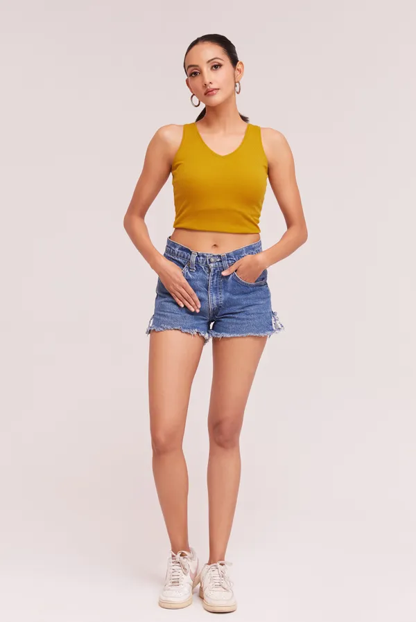 Yellow_Sleeveless_Slim_Fit_Ribbed_Knit_V-Neck_Tank_Crop_Tops_For_Women