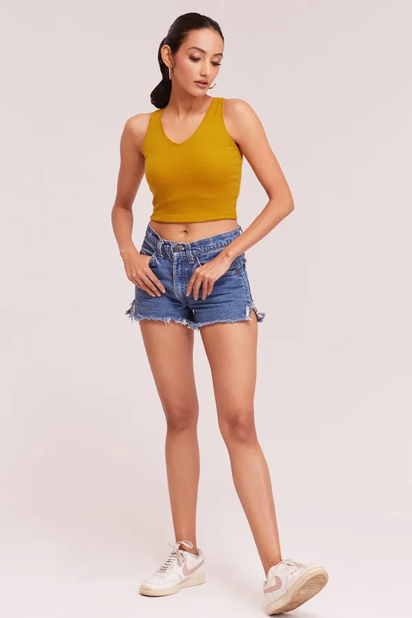 Yellow_Sleeveless_Slim_Fit_Ribbed_Knit_V-Neck_Tank_Crop_Tops_For_Women