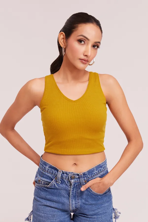 Yellow_Sleeveless_Slim_Fit_Ribbed_Knit_V-Neck_Tank_Crop_Tops_For_Women